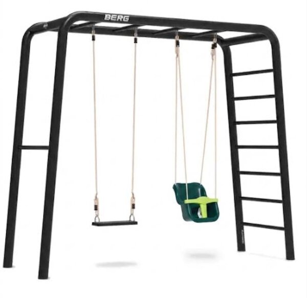 BERG PlayBase M Black Klettergerüst Schaukelgestell mit Reckstange u. Leiter inkl. Babyschaukel und Gummischaukel