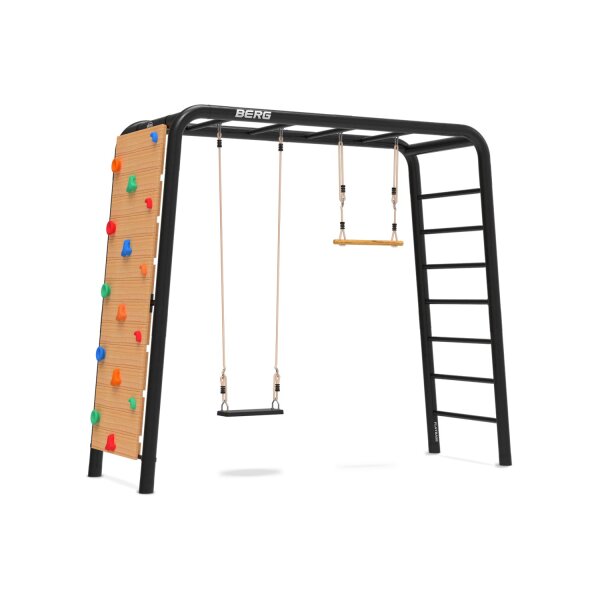 BERG PlayBase M Black Klettergerüst Schaukelgestell mit Reckstange u. Leiter inkl. Gummischaukel, Trapez und Kletterwand