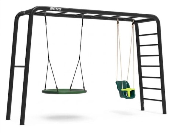 BERG PlayBase L Black Klettergerüst Schaukelgestell mit Reckstange u. Leiter inkl. Babyschaukel u. Nestschaukel