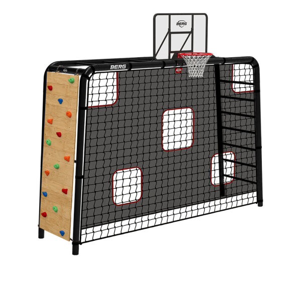 BERG PlayBase L Black Klettergerüst Schaukelgestell mit Basketballkorb, Torwand & Kletterwand