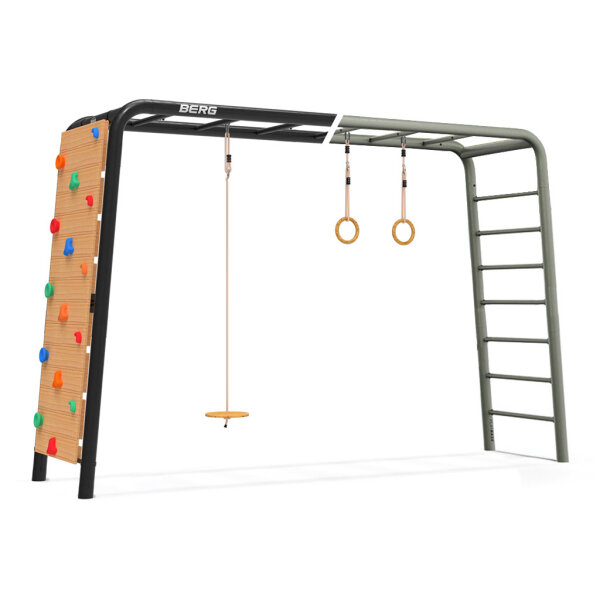 BERG PlayBase L Klettergerüst Schaukelgestell Schwarz & Grün inkl. Untertassenschaukel, Turnringe und Kletterwand + Gratis Hängematte