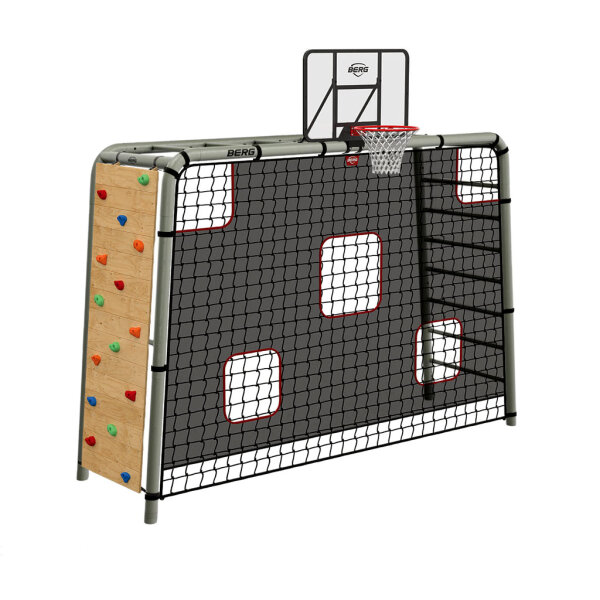 BERG PlayBase L Green Klettergerüst Schaukelgestell mit Reckstange und Leiter mit Basketballkorb, Torwand & Kletterwand