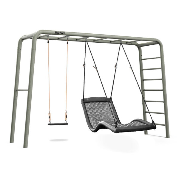BERG PlayBase L Green Relax Klettergerüst Schaukelgestell mit Reckstange und Leiter, Relaxschaukel L & Gummischaukel