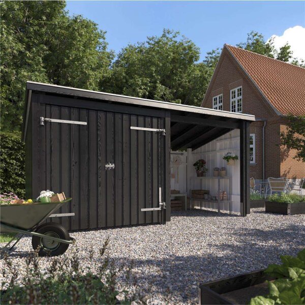 PLUS Nordic Multi Gartenhaus 9,5 m² - 2 Module Doppeltür & offene Fassade m. Dachpappe / Aluleisten / H-Pfostenfüße