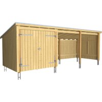 PLUS Nordic Multi Gartenhaus 14 m² - 3 Module Doppeltür & offene Fassade m. Dachpappe / Aluleisten / H-Pfostenfüße