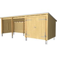 PLUS Nordic Multi Gartenhaus 14 m² - 3 Module Doppeltür & offene Fassade m. Dachpappe / Aluleisten / H-Pfostenfüße