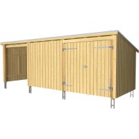 PLUS Nordic Multi Gartenhaus 14 m² - 3 Module Doppeltür & offene / geschlossene Fassade m. Dachpappe / Aluleisten / H-Pfostenfüße