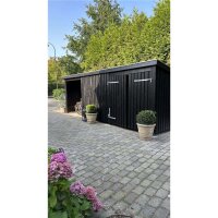 PLUS Nordic Multi Gartenhaus 14 m² - 3 Module Doppeltür & offene / geschlossene Fassade m. Dachpappe / Aluleisten / H-Pfostenfüße
