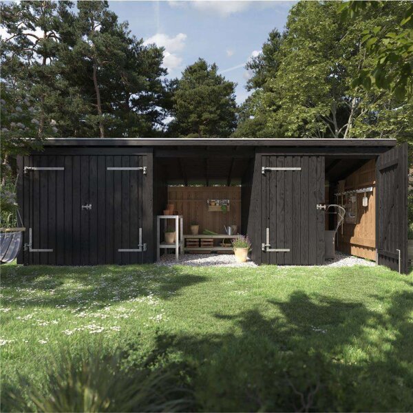 PLUS Nordic Multi Gartenhaus 14 m² - 3 Module m. 2 Doppeltüren & offene Fassade m. Dachpappe / Aluleisten