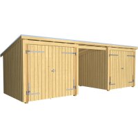 PLUS Nordic Multi Gartenhaus 14 m² - 3 Module m. 2 Doppeltüren & offene Fassade m. Dachpappe / Aluleisten