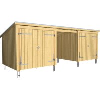 PLUS Nordic Multi Gartenhaus 14 m² - 3 Module m. 2 Doppeltüren & offene Fassade m. Dachpappe / Aluleisten / H-Pfostenfüße