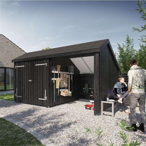 PLUS Multi Gartenhaus 10,5 m² - 2 Module Doppeltür & offene Fassade m. Dachpappe / Aluleisten / H-Pfostenfüße