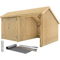 PLUS Multi Gartenhaus 10,5 m² - 2 Module Doppeltür & offene Fassade m. Dachpappe / Aluleisten / H-Pfostenfüße