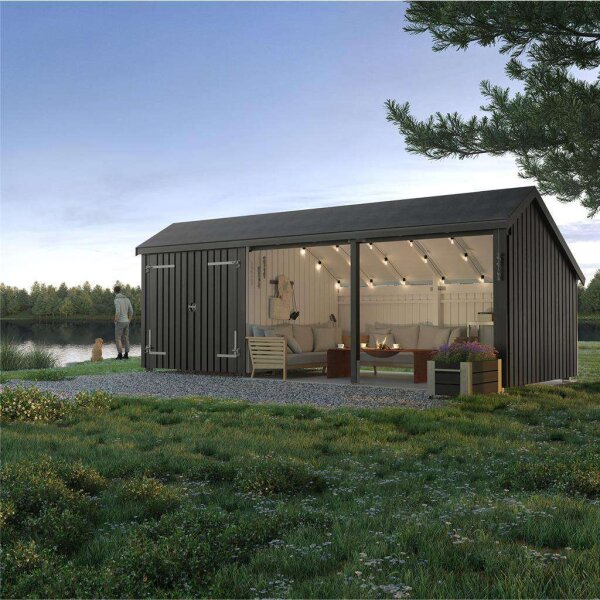 PLUS Multi Gartenhaus 15,5 m² - 3 Module Doppeltür & offene Fassade m. Dachpappe / Aluleisten