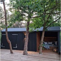 PLUS Multi Gartenhaus 15,5 m² - 3 Module Doppeltür & offene / geschlossene Fassade m. Dachpappe / Aluleisten