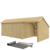 PLUS Multi Gartenhaus 15,5 m² - 3 Module Doppeltür & offene / geschlossene Fassade m. Dachpappe / Aluleisten