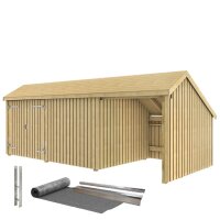 PLUS Multi Gartenhaus 15,5 m² - 3 Module Doppeltür & offene / geschlossene Fassade m. Dachpappe / Aluleisten / H-Pfostenfüße