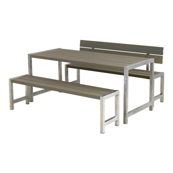 PLUS Plankengarnitur - 186 cm - 1 Tisch + 2 Bänke und 1 Rückenlehne - Graubraun