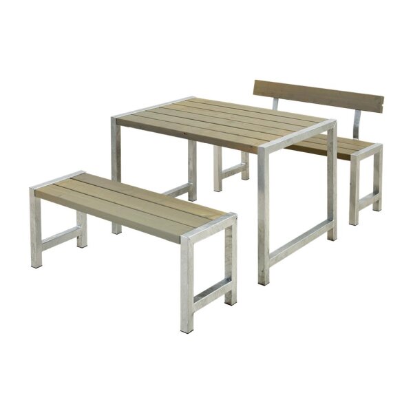 PLUS Cafégarnitur 127 cm - 1 Tisch, 2 Bänke und 1 Rückenlehne - Graubraun