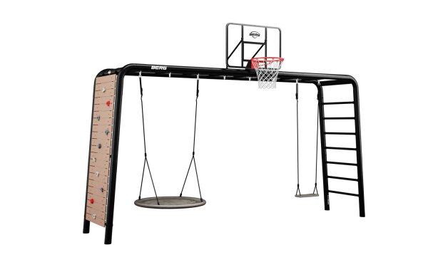 BERG PlayBase XL Black Klettergerüst Schaukelgestell inkl. Kletterwand, Nestschaukel, Brettschaukel und Baskettballkorb